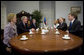 President George W. Bush is joined by U.S. Ambassador to Estonia Aldona Wos, left, Secretary of State Condoleezza Rice and National Security Advisor Stephen Hadley Tuesday, Nov. 28, 2006, as they meet with Prime Minister Andrus Ansip, right, at the Stenbock House in Tallinn, Estonia. White House photo by Eric Draper