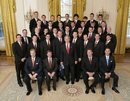President George W. Bush stands with members of the Auburn University Men’s Swimming and Diving Team Thursday, April 6, 2006, during a photo opportunity with the 2005 and 2006 NCAA Sports Champions at the White House. White House photo by Paul Morse