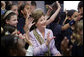 Mrs. Laura Bush and students from Warren-Prescott School in Boston, Mass., wave to students at Carlsbad Caverns National Park, N.M., Tuesday, April 24, 2006, and conclude an electronic field trip. White House photo by Shealah Craighead