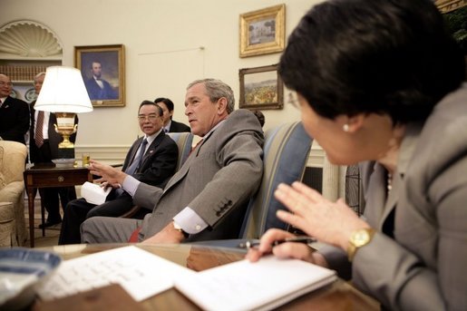 Meeting on the 10th anniversary of the establishment of diplomatic relations between the United States and Vietnam, President George W. Bush met with Prime Minister Phan Van Khai of Vietnam in the Oval Office Tuesday, June 21, 2005. "At the invitation of President George W. Bush, it gives me the great pleasure and honor as the first Vietnamese Prime Minister to pay an official visit to the United States," said the Prime Minister to the press. White House photo by Eric Draper