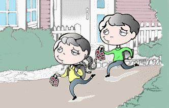 Illustration of Julia and Robbie ran out of the house and headed for school.