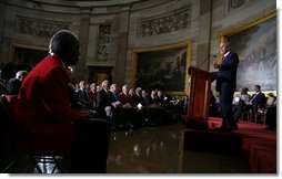 President George W. Bush speaks during the Congressional Gold Medal ceremony for the Tuskegee Airmen Thursday, March 29, 2007, at the U.S. Capitol. Said the President, “The Tuskegee Airmen helped win a war, and you helped change our nation for the better. Yours is the story of the human spirit, and it ends like all great stories do – with wisdom and lessons and hope for tomorrow.”  White House photo by Eric Draper