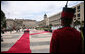 President George W. Bush stands at attention during an arrival ceremony with Colombian President Alvaro Uribe at Casa de Narino in Bogotá, Colombia, Sunday, March 11, 2007. White House photo by Paul Morse