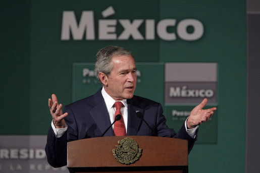 President George W. Bush addresses a reporter’s question Wednesday, March 14, 2007 in Merida, Mexico, during a joint news conference with Mexico’s President Felipe Calderon. White House photo by Paul Morse