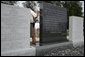 Mrs. Laura Bush visits the Battle of Midway Memorial on the parade grounds of Midway Island Thursday, March 1, 2007. Midway Atoll was the site of the World War II Battle of Midway on June 4, 1942. The U.S. Navy defeated a Japanese attack against Midway Islands, marking a turning point in the war in the pacific theater. White House photo by Shealah Craighead