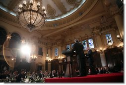 President George W. Bush and President Oscar Berger deliver remarks Monday, March 12, 2007, during a joint press availability at the Palacio Nacional de la Cultura in Guatemala City. President Bush and Mrs. Laura Bush concluded their fourth leg of a five-country, Latin American visit before departing Guatemala for Mexico. White House photo by Paul Morse