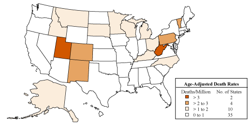 Silicosis:  Age-adjusted death rates by state, U.S. residents age 15 and over, 1993–2002