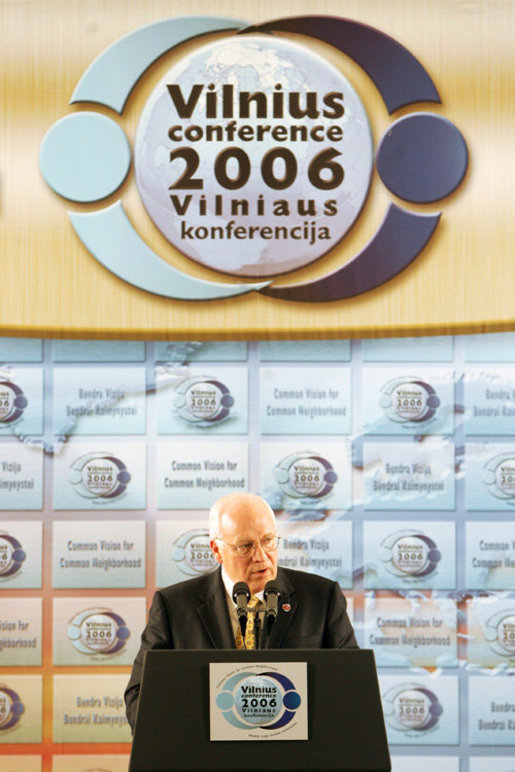 Vice President Dick Cheney delivers the keynote speech at the Vilnius Conference 2006 in Vilnius, Lithuania, Thursday May 4, 2006. The conference brings together delegations from the Baltic and Black Sea regions that are committed to the advancement of democracy and dedicated to working together to reinforce common values and regional interests. White House photo by David Bohrer