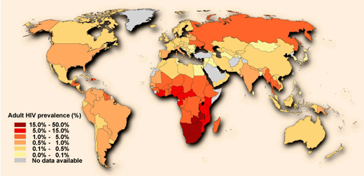 Worldwide distribution of HIV