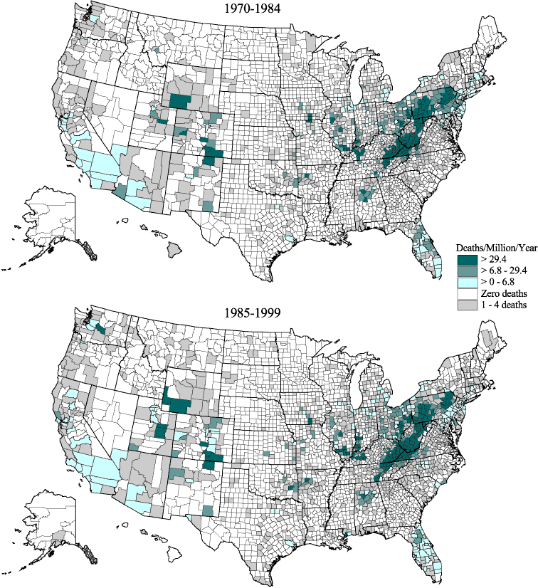 Coal workers’ pneumoconiosis:  Age-adjusted mortality rates by county, U.S. residents age 15 and over, 1970–1984 and 1985–1999