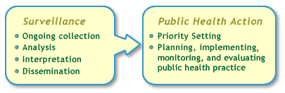 Graphic showing Surveillance (components: Ongoing collection; Analysis; Interpretation; and Dissemination) leading to Public Health Action (Components: Priority Setting; and Planning, implementing, monitoring and evaluating public health practice)