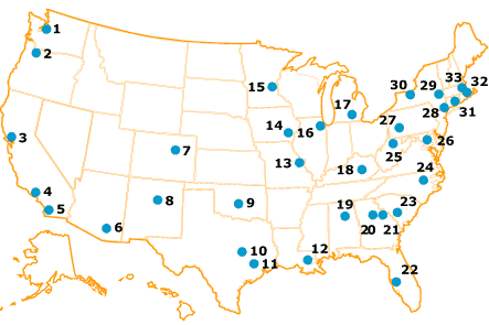 Map Showing Prevention Research Centers in the United States (Center listing below)