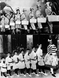 Bob Hope drew from his vaudeville roots when he starred in the film "The Seven Little Foys:" Hope and his film family (top) and Eddie Foy and his real seven Foys (bottom)