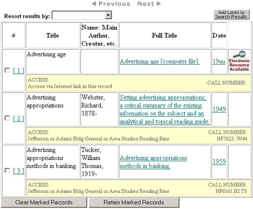 Image of the upper section of a Titles List display