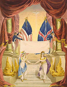 Peace. In an allegory of the Treaty of Ghent, signed on Dec. 24, 1814, Britannia and America hold olive branches before an altar. 