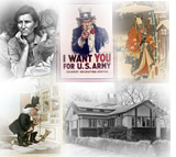 Montage, clockwise from top left: Destitute pea pickers in California, "Migrant Mother" by Dorothea Lange; "I want you for the U.S. Army", by James Montgomery Flagg; Modern Gengi: viewing in the snow, by   Toyokuni Utagawa; T.S. Eastabrook House, Chicago, IL; Caricature curiosity, by George Moutard Woodward