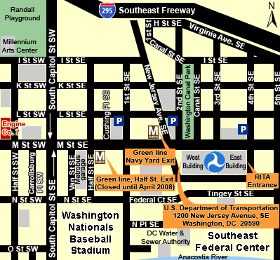 Map showing the location of U.S. Department of Transportation headquarter buildings. If you are a user with a disability and cannot view this image, please call 800-853-1351 or email answers@bts.gov for further assistance.
