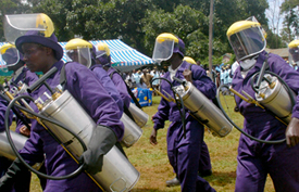  Workers trained in Indoor Residual Spraying (IRS) march on World Malaria Day in Agoro Sare, Kenya. Source: James Kei/The Standard
