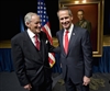 Retired U.S. Marine Gen. Peter Pace, 16th chairman of the Joint Chiefs of Staff, right, stands with artist Peter E. Egeli, left, who painted the portrait of Pace which was unveiled in a ceremony in the Pentagon, Jan. 13, 2009. 