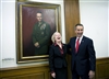Retired U.S. Marine Gen. Peter Pace, 16th chairman of the Joint Chiefs, and his wife Lynne pose for photos after the hanging of his portrait in the chairmans corridor at the Pentagon, Jan. 13, 2009.