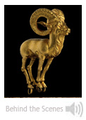 Image: Headdress ornament in the form of a ram (Tillya Tepe, Tomb IV), 1st century BC-1st century AD gold National Museum of Afghanistan ©Thierry Ollivier / Musée Guimet