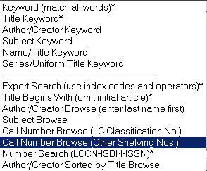 Call Number Browse (LC Classification No.) screen