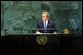 President George W. Bush addresses the United Nations General Assembly in New York City Tuesday, Sept. 23, 2003. "America is working with friends and allies on a new Security Council resolution, which will expand the U.N.'s role in Iraq," said the President in his remarks.  White House photo by Tina Hager