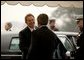 President George W. Bush welcomes British Prime Minister Tony Blair upon his arrival to the White House Friday, Jan. 31, 2003.  White House photo by Paul Morse