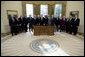 President George W. Bush poses for a photo Thursday, Jan. 5, 2006 in the Oval Office with former Secretaries of State and Secretaries of Defense from both Republican and Democratic administrations, following a meeting on the strategy for victory in Iraq. From left to right are former Secretary of Defense Harold Brown, former Secretary of State Lawrence Eagleburger, former Secretary of State James Baker, former Secretary of State Colin Powell, former Secretary of Defense James Schlesinger, Secretary of Defense Donald Rumsfeld, Vice President Dick Cheney, Secretary of State Condoleezza Rice, former Secretary of State George Schultz, former Secretary of Defense Melvin Laird, former Secretary of Defense Robert McNamara, former Secretary of State Madeleine Albright, former Secretary of State Alexander Haig, former Secretary of Defense Frank Carlucci, former Secretary of Defense William Perry and former Secretary of Defense William Cohen.  White House photo by Eric Draper