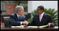 President George W. Bush and President Jakaya Kikwete of Tanzania, shake hands after signing the $698 million Millennium Challenge Compact Sunday, Feb. 17, 2008, in Dar es Salaam. In signing the compact, President Bush said, "We are partners in democracy. We believe that governments ought to respond to the people. We're also partners in fighting disease, extending opportunity and working for peace. Mr. President, I mentioned I was proud to sign, along with the President, the largest Millennium Challenge Account in the history of the United States here in Tanzania. It will provide nearly $700 million over five years to improve Tanzania's transportation network, secure reliable supplies of energy, and expand access to clean and safe water." White House photo by Chris Greenberg