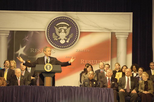 President Bush addresses the audience at Constitution Hall.  Vice President Cheney is seated in the front row, near the podium.  Dr. Duke is in the front row, far right.
