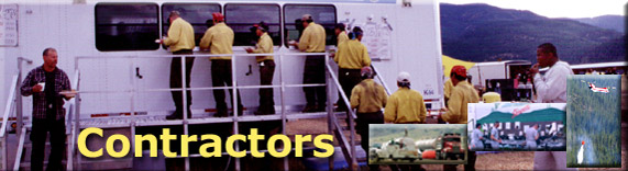 Contracting header with photos of a catering unit, water trucks, showers, and a helicopter.