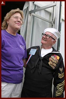 [Library of Congress Staff Member and Veterans History Project Volunteer Sharon Cunningham with a Veteran During the National World War II Reunion], 2004.