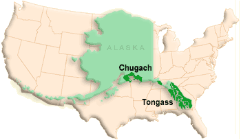 Graphic showing Alaska laid on top of the continental US. The state reaches from coast to coast and from Canada to the Gulf of Mexico. The Tongass National Forest is about the size of the Florida panhandle.