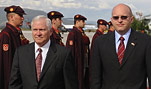 U.S. Defense Secretary Robert M. Gates walks though an honor cordon of Macedonian special guardsman after attending the Southeastern European Defense Ministerial, Oct. 8, 2008, in Ohrid, Macedonia. DoD photo by U.S. Air Force Tech. Sgt. Jerry Morrison