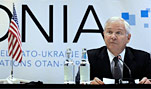 Defense Secretary Robert M. Gates holds a press conference after the Tallinn High-Level NATO-Ukraine Consultations in Tallinn, Estonia, Nov. 13, 2008. DoD photo by U.S. Air Force Tech. Sgt. Jerry Morrison