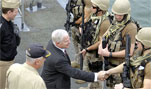 Defense Secretary Robert M. Gates talks with sailors onboard the USS Vicksburg ported in Bahrain, Dec. 6, 2007. Gates is in the region to discuss defense issues and recieve updates from commanders.