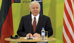 Defense Secretary Robert M. Gates holds a press conference in Vilnius, Lithuania, during the NATO Defense Ministerial, Feb. 7, 2008.