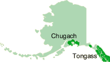 Simple outline map of Alaska with the Chugach and Tongass National Forests highlighted.
