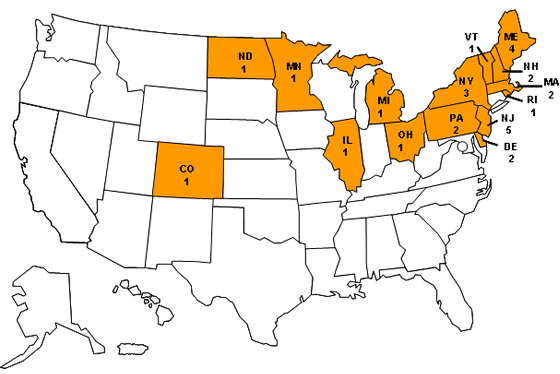 Persons infected with the outbreak strain of Salmonella Agona, United States, by state, January 1 to May 13, 2008. (N=28)