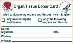 Organ/Tissue Donar Card