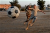 Pfc. Casey Wailes clears the ball during a soccer game.