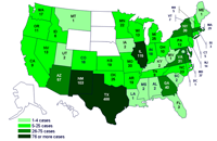 Cases infected with the outbreak strain of Salmonella Saintpaul, United States, by state, as of July 22, 2008 9pm EDT