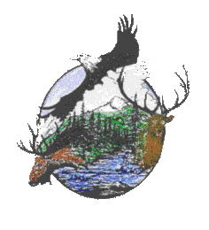 Forest logo with trees, stream, moose, eagle and elk