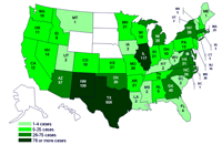 Cases infected with the outbreak strain of Salmonella Saintpaul, United States, by state, as of August 5, 2008, 9pm EDT