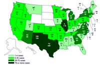 Cases infected with the outbreak strain of Salmonella Saintpaul, United States, by state, as of July 28, 2008, 9pm EDT