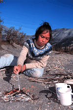 image of girl putting twigs on campfire - Roger Kaye