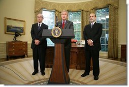 President George W. Bush announces his nomination of Ben Bernanke, right, to replace Alan Greenspan, left, as Chairman of the Federal Reserve when Mr. Greenspan's term expires in January. The announcement was made Monday, Oct. 24, 2005, in the Oval Office.  White House photo by Paul Morse