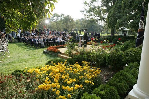 President George W. Bush and President Mahmoud Abbas, of the Palestinian Authority, stand before the media Thursday, Oct. 20, 2005, during a joint availability in the Rose Garden of the White House. White House photo by Paul Morse