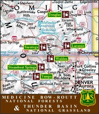 Map of the Medicine Bow and Routt National Forests and Thunder Basin National Grassland.  Click on the area you are interested in learning more about.